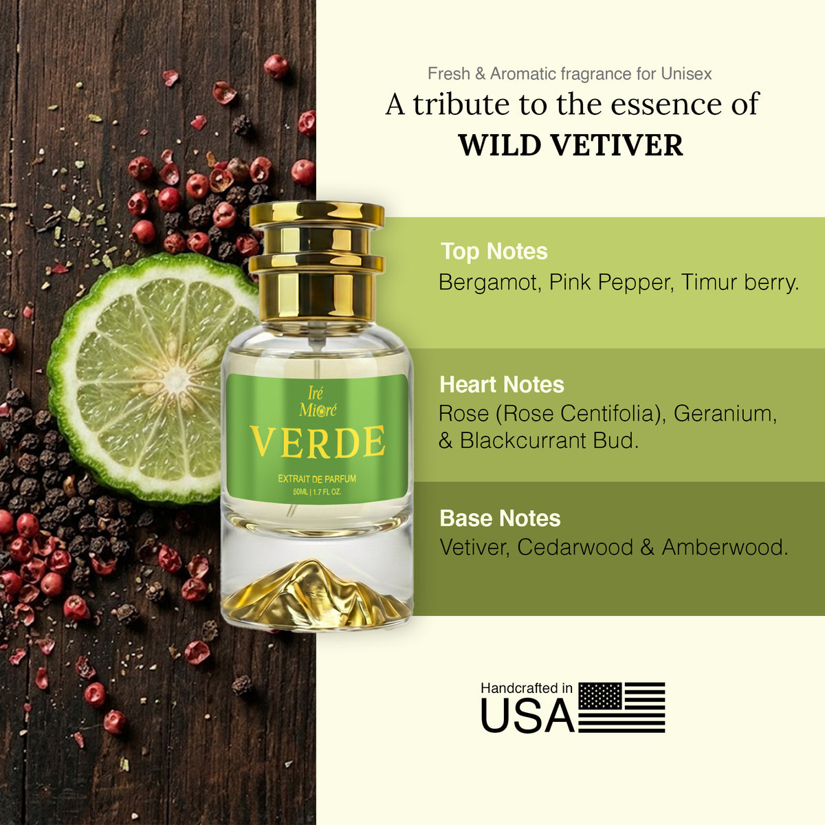 Verde – Men's Extrait de Parfum - 50ML/1.7 FL OZ - Inspired by Creed Wild Vetiver, perfected by Iré Mioré.